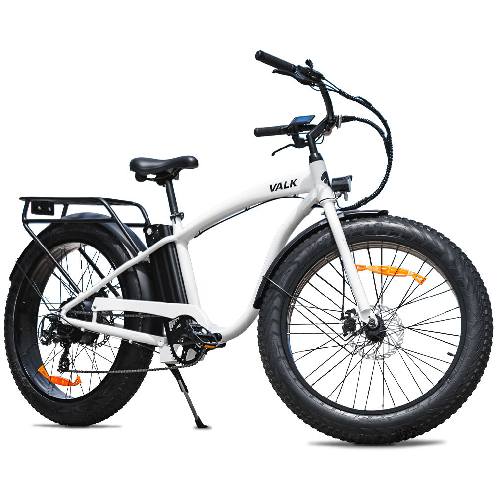 VALK Electric Fat Tyre Cruiser Bike, eBike with Throttle, White